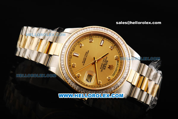 Rolex Day Date II Oyster Perpetual Automatic Movement Steel Case with Diamond Bezel - Diamond Markers Gold Dial and Two Tone Strap - Click Image to Close